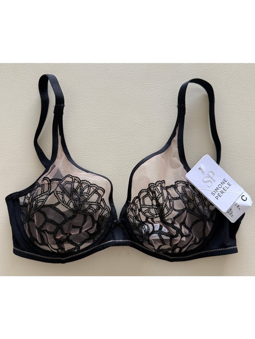 Simone Perele 32C Black Embroidered Sheer Underwire Bra 12G319 Delice NWT
